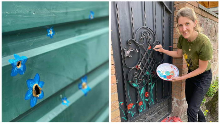 В Буче художница из Канады рисует цветы на месте пулевых отверстий в заборах