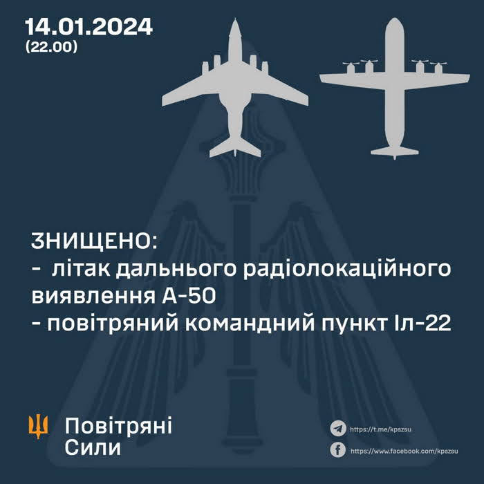 Командование воздушных сил подтвердило сбитие 2 самолетов рашистов – А-50 и Ил-22