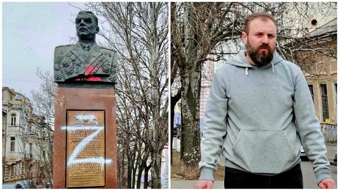 Одесский художник нарисовал символ окупантов на памятнике советскому маршалу Малиновскому
